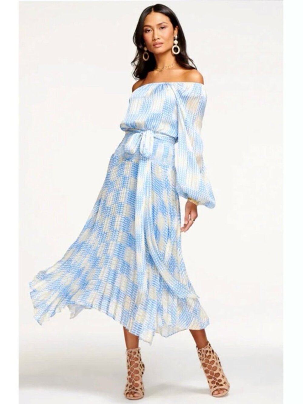 RAMY BROOK off shoulder Aviette flowy midi dress sz XS blue print